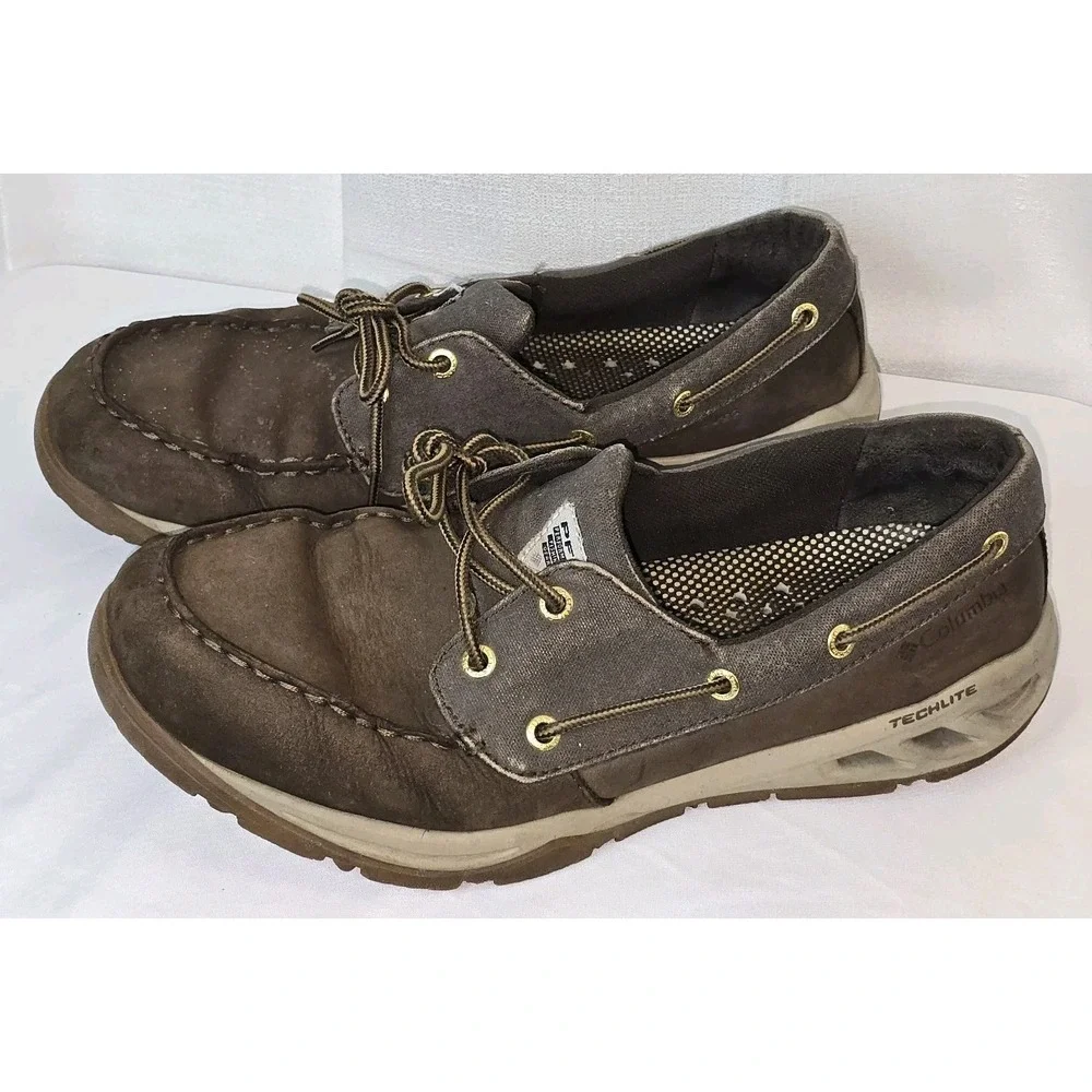 Columbia Boat Shoes Men‎ 10.5 Brown Leather TechLite PFG Fishing Boatdrainer